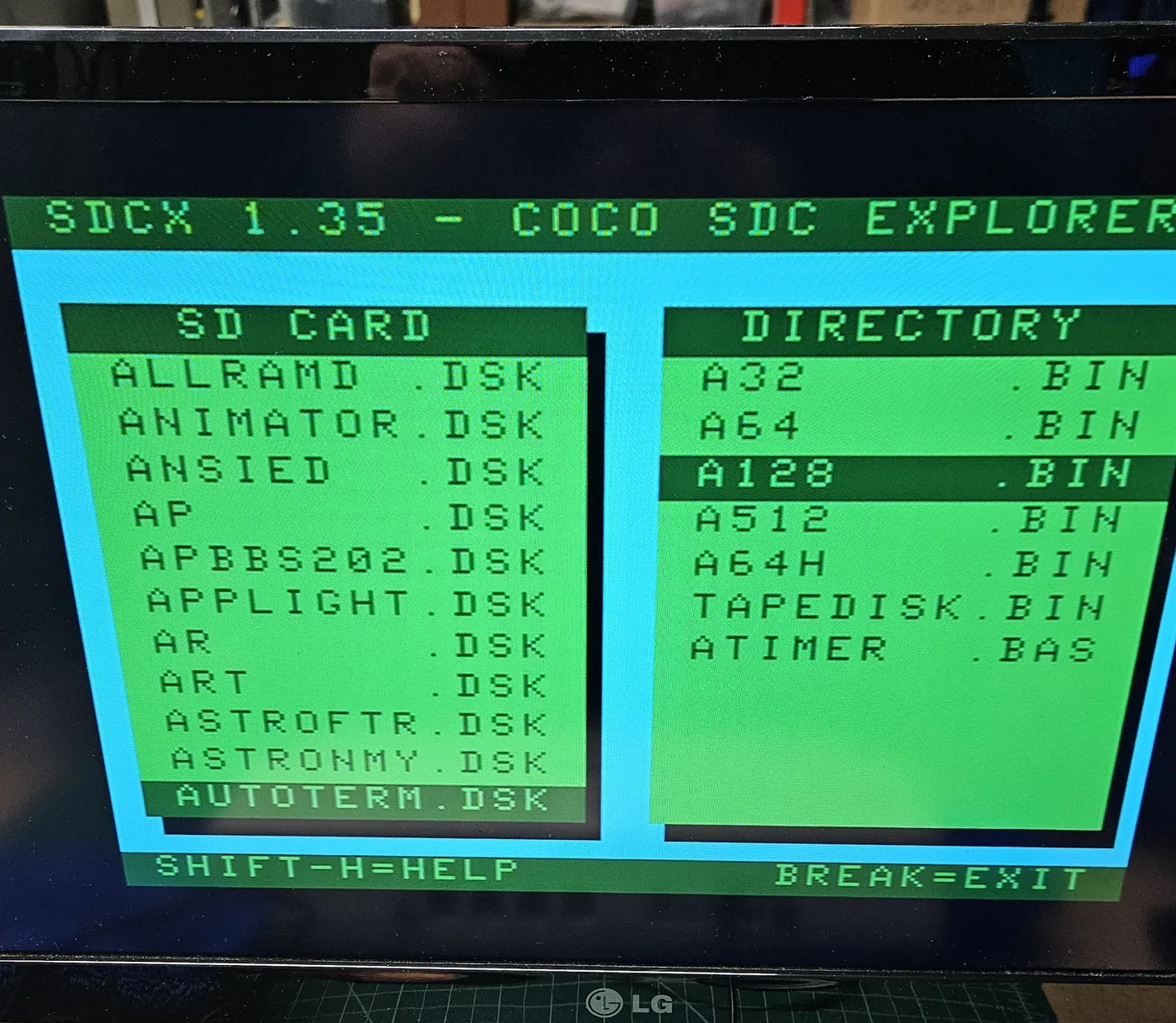 The monitor showing the CoCo SDC Explorer menu, with a list of disk files on the SD card