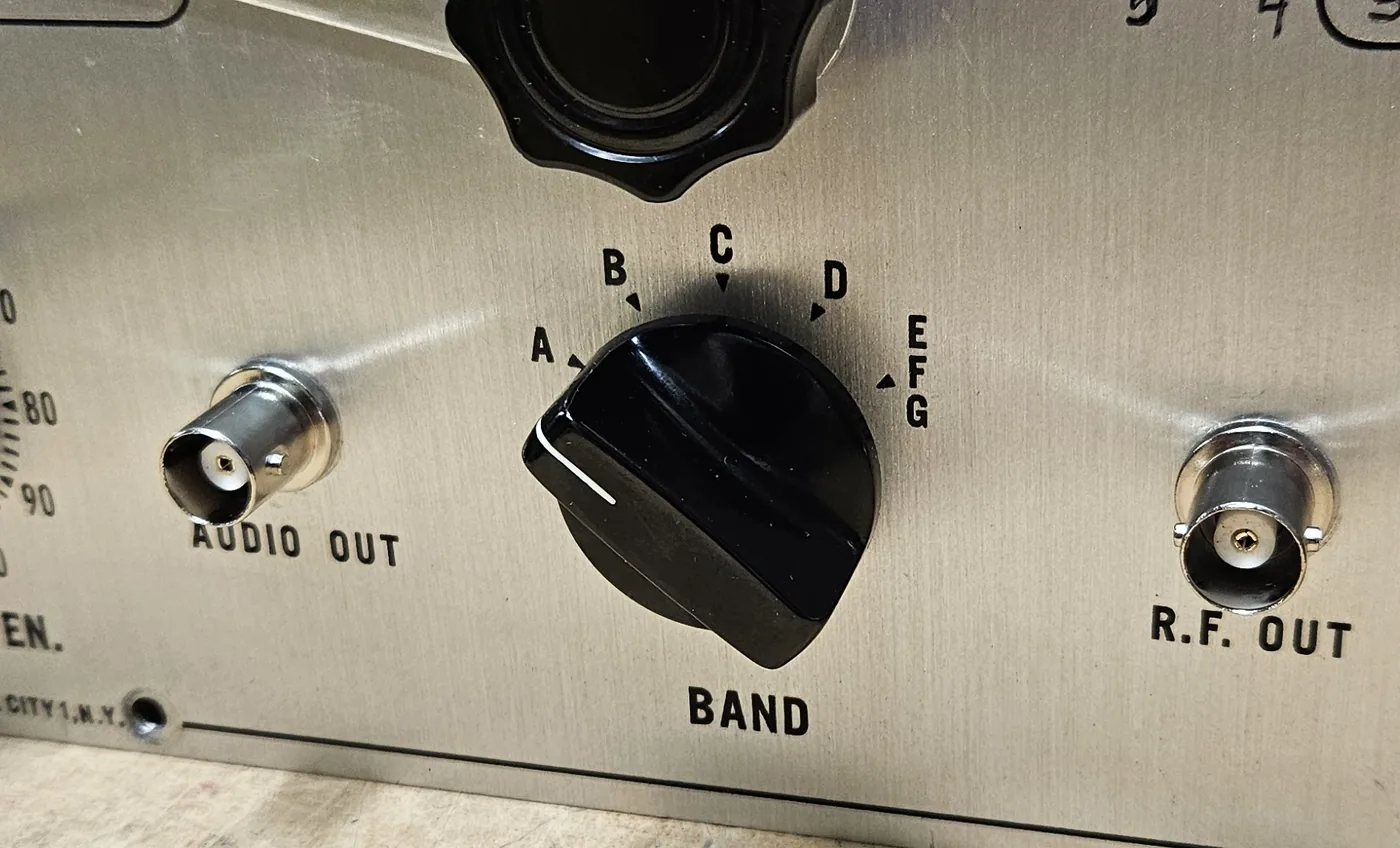 The same part of the front panel with a new BNC connector at Audio Out and another at R.F. Out